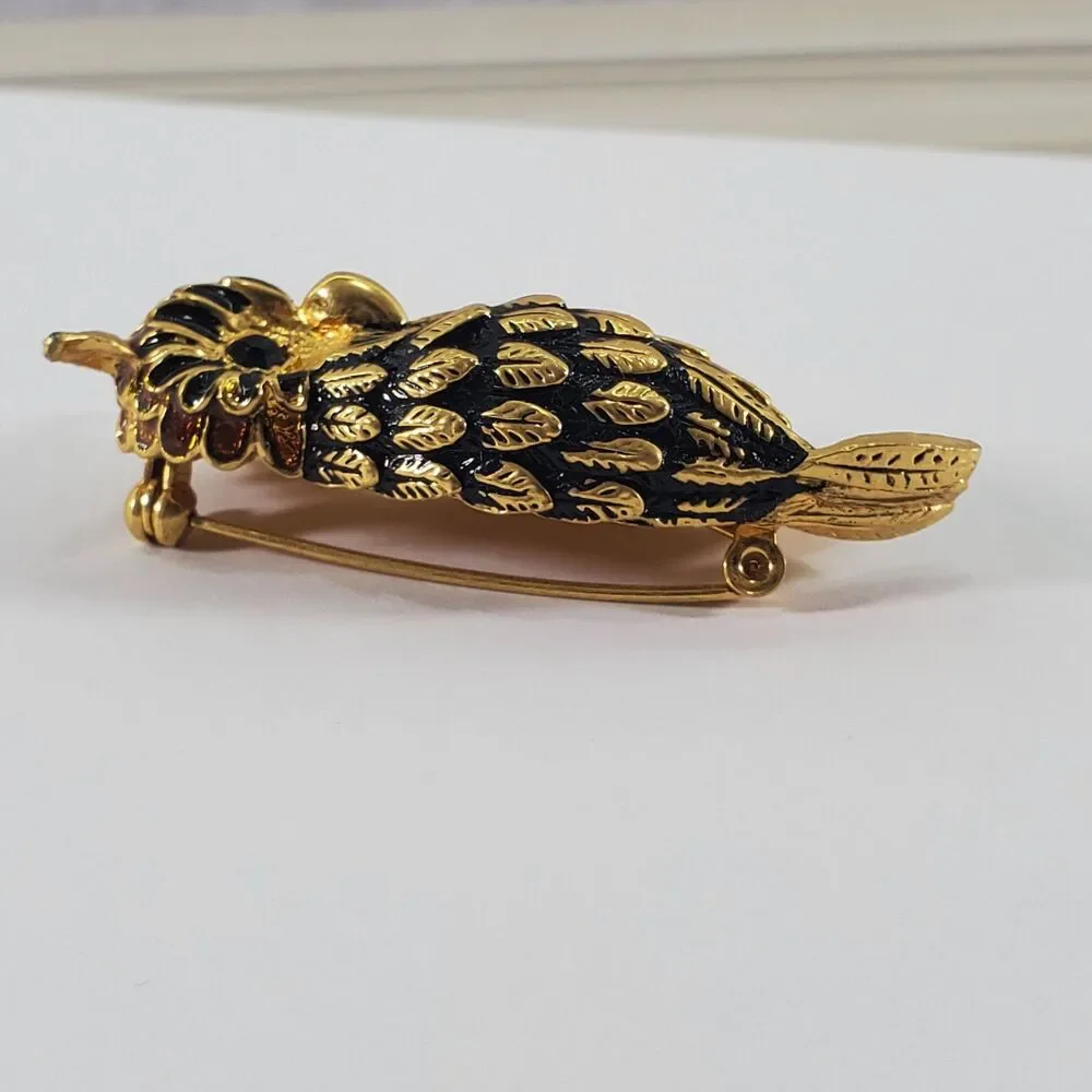 Chubby Vintage Owl Brooch Gold Tone Enamel Black Faceted Eyes Mid Century